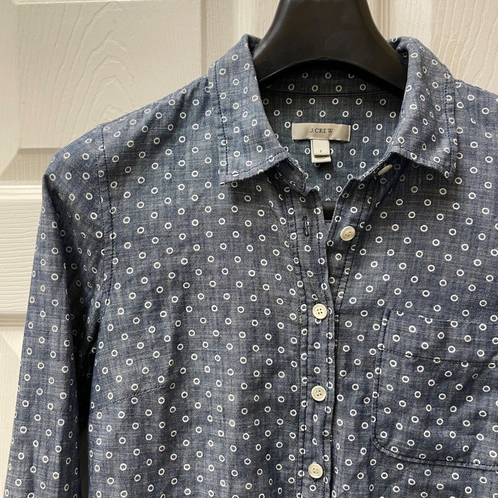 J. Crew Women's Sz 2 Chambray Dot Popover Curved Hem 100% Cotton Pocket